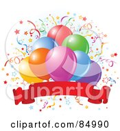 Royalty Free RF Clipart Illustration Of A Colorful Group Of Balloons And Confetti Over A Blank Red Banner