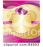 Poster, Art Print Of Golden Heart Patterned Background With Purple Waves A Blank Gold Text Box And Gem Hearts