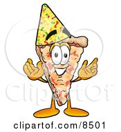 Slice Of Pizza Mascot Cartoon Character Wearing A Birthday Party Hat
