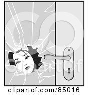 Royalty Free RF Clipart Illustration Of A Grayscale Womans Face Looking Through Broken Glass On A Door by David Rey