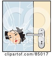 Royalty Free RF Clipart Illustration Of A Womans Face Looking Through Broken Glass On A Door