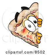 Slice Of Pizza Mascot Cartoon Character Peeking Around A Corner by Mascot Junction