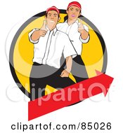 Poster, Art Print Of Worker Man And Woman Holding Their Thumbs Up In A Yellow Circle Over A Red Arrow
