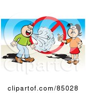 Royalty Free RF Clipart Illustration Of A Girl Holding Up Her Hand To Block A Mans Sneeze With A Prohibited Sign