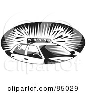 Royalty Free RF Clipart Illustration Of A Black And White Oval Scene Of A Police Car With Sirens Flashing by David Rey