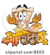 Slice Of Pizza Mascot Cartoon Character With Autumn Leaves And Acorns In The Fall