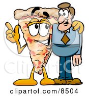 Slice Of Pizza Mascot Cartoon Character Talking To A Business Man by Mascot Junction