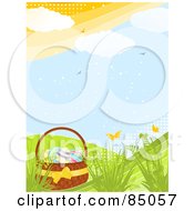 Poster, Art Print Of Easter Basket With Eggs On A Green Spring Hill With Butterflies Birds And Plants With Halftone Dots