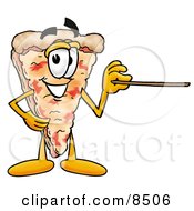 Slice Of Pizza Mascot Cartoon Character Holding A Pointer Stick