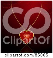 Gold And Red Heart Pendant On A Golden Chain Over Red With Mesh Waves And Hearts