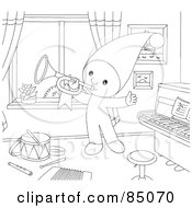 Poster, Art Print Of Outlined Little Elf Playing A Horn In A Music Room