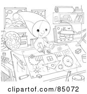 Poster, Art Print Of Outlined Little Elf Drawing In An Art Room