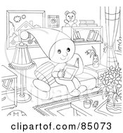 Poster, Art Print Of Outlined Little Elf Reading A Book In A Living Room
