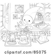 Poster, Art Print Of Outlined Little Elf Reading Making Stew In A Kitchen