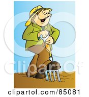 Poster, Art Print Of Happy Farmer Singing And Using A Pitchfork In A Garden