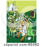 Royalty Free RF Clipart Illustration Of A Crazy Man Working In A Wacky Factory On Green
