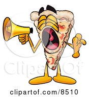 Slice Of Pizza Mascot Cartoon Character Screaming Into A Megaphone