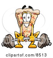 Slice Of Pizza Mascot Cartoon Character Lifting A Heavy Barbell