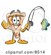 Slice Of Pizza Mascot Cartoon Character Holding A Fish On A Fishing Pole