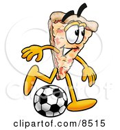 Slice Of Pizza Mascot Cartoon Character Kicking A Soccer Ball