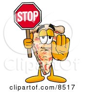 Slice Of Pizza Mascot Cartoon Character Holding A Stop Sign