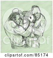 Royalty Free RF Clipart Illustration Of A Green Toned Sketch Of Two Fighting Male Boxers