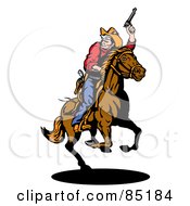 Poster, Art Print Of Cowboy Holding Up His Pistil And Looking Back While On Horseback
