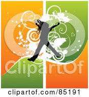 Poster, Art Print Of Girl Silhouette Jumping Over A Grungy Orange And Green Background