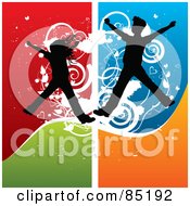 Boy And Girl Silhouettes Jumping Over A Grungy Colorful Background