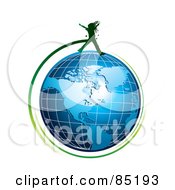 Royalty Free RF Clipart Picture Of A Green Girl Silhouette Jumping Over A Blue Grid Globe by MilsiArt