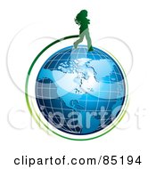 Poster, Art Print Of Green Girl Silhouette Running Over A Blue Grid Globe