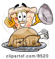 Poster, Art Print Of Slice Of Pizza Mascot Cartoon Character Serving A Thanksgiving Turkey On A Platter