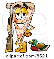 Clipart Picture Of A Slice Of Pizza Mascot Cartoon Character Duck Hunting Standing With A Rifle And Duck