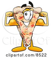 Clipart Picture Of A Slice Of Pizza Mascot Cartoon Character Flexing His Arm Muscles