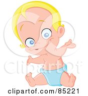 Happy Blond Baby In A Diaper Holding Out His Arms