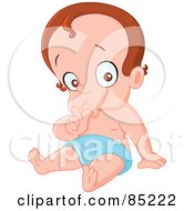 Poster, Art Print Of Brunette Baby Boy Sucking His Thumb And Sitting In A Diaper