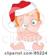 Poster, Art Print Of Christmas Baby In A Diaper Wearing A Santa Hat And Sucking His Thumb
