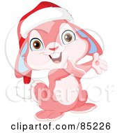 Cute Pink Christmas Bunny Wearing A Santa Hat And Presenting