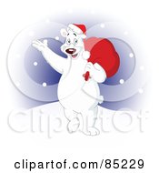 Poster, Art Print Of Waving Christmas Polar Bear Carrying A Bag Over His Shoulder And Walking In The Snow