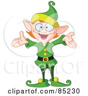 Poster, Art Print Of Energetic Christmas Elf In A Green Uniform Holding His Arms Out