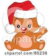 Red Nosed Christmas Teddy Bear Waving And Wearing A Santa Hat