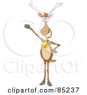 Royalty Free RF Clipart Illustration Of A Skinny Christmas Reindeer Wearing A Bell And Holding Up One Hoof