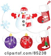 Poster, Art Print Of Digital Collage Of A Rounded Christmas Snowman Snowflakes Ornaments And Stockings