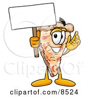Slice Of Pizza Mascot Cartoon Character Holding A Blank Sign by Mascot Junction