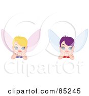 Royalty Free RF Clipart Illustration Of A Digital Collage Of Two Daydreaming Fairies With Pink And Blue Wings