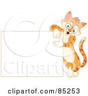 Royalty Free RF Clipart Illustration Of A Cute Striped Ginger Cat Presenting A Blank Sign
