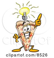 Clipart Picture Of A Slice Of Pizza Mascot Cartoon Character With A Bright Idea