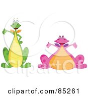 Royalty Free RF Clipart Illustration Of A Digital Collage Of Two Cute Green And Pink Dragons