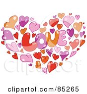 Poster, Art Print Of Orange Pink Purple And Red Hearts Forming A Heart Around The Word Love