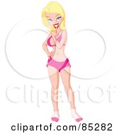 Sexy Blond Caucasian Woman In Her Underwear Touching Her Lips